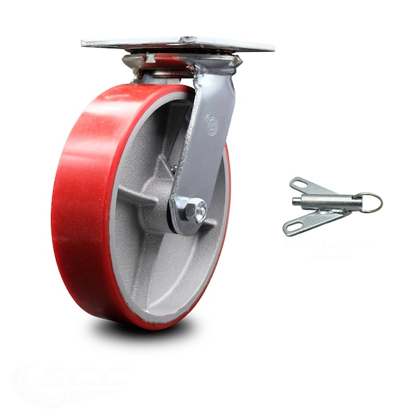 8 Inch Red Poly on Cast Iron Caster with Roller Bearing and Swivel Lock SCC
